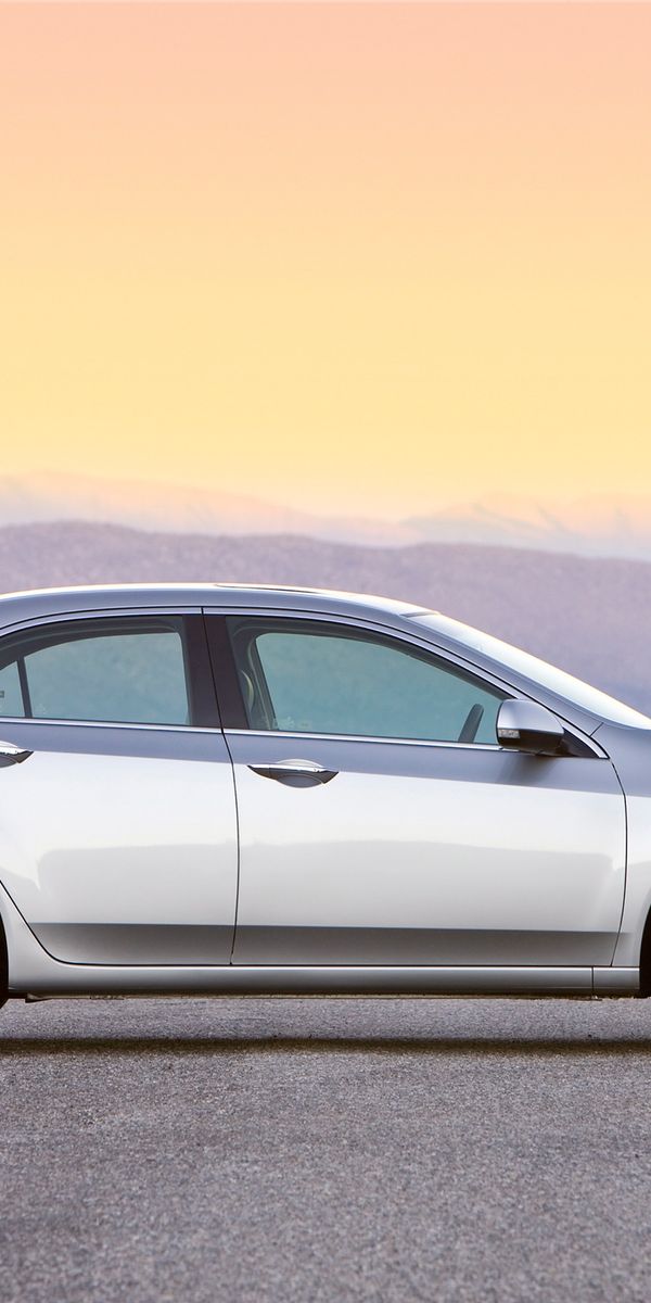 Phone wallpaper: Sunset, 2008, Tsx, Acura, Akura, Silver Metallic, Side View, Asphalt, Style, Mounta