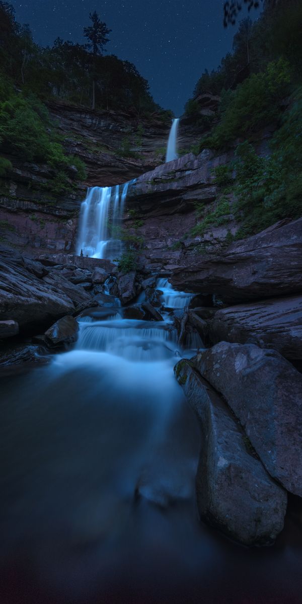 Twilight Waterfall with Starry Sky - Perfect Nature Wallpaper