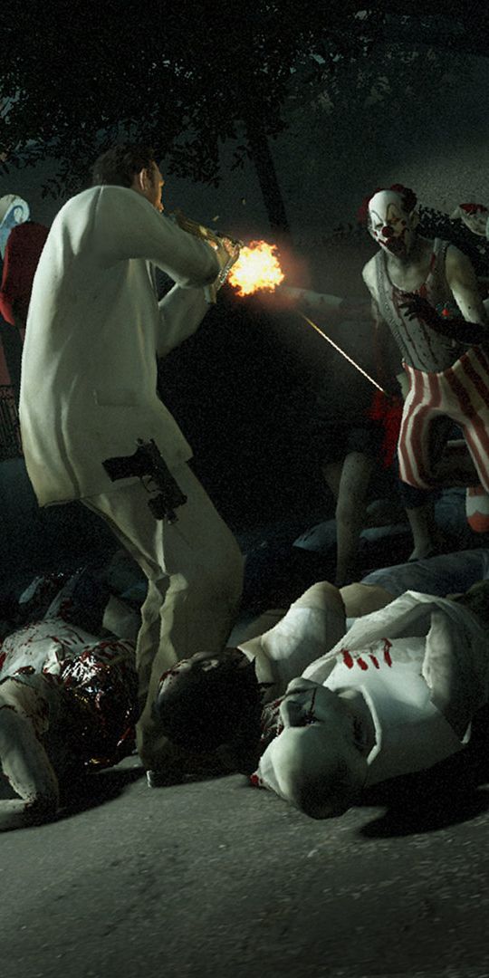 Phone wallpaper: Carneval, Left 4 Dead 2, Left 4 Dead, Clown, Zombie, Fire, Night, Video Game, Dark