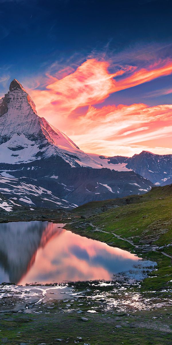 Phone wallpaper: Mountains, Dawn, Mountain, Lake, Reflection, Earth, Switzerland, Matterhorn free do