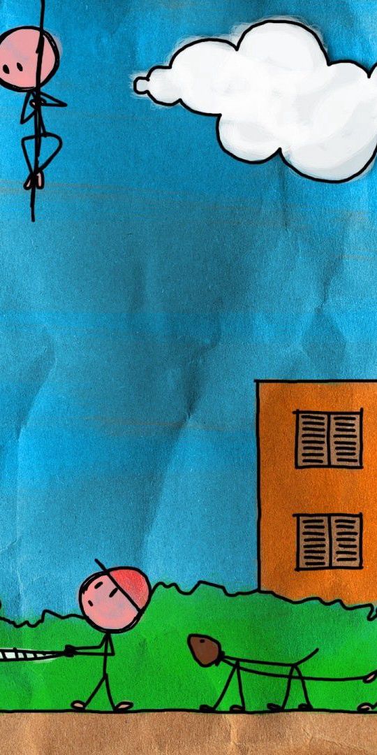 Whimsical Cartoon Scene with Nature and Buildings