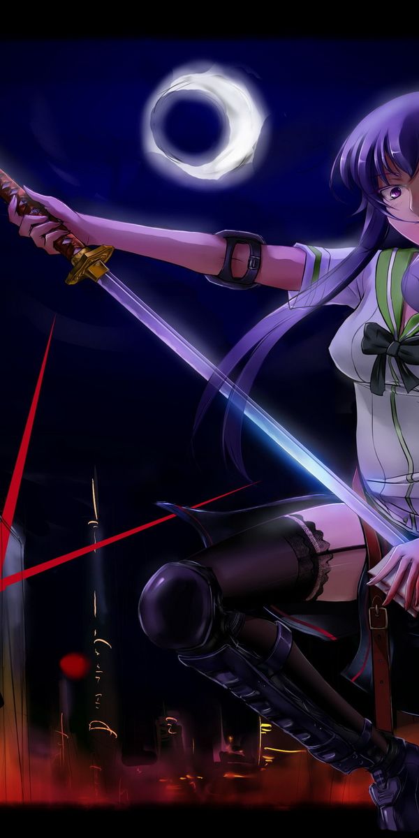 Phone wallpaper: Anime, Night, Moon, Katana, Purple Hair, Saeko Busujima, Highschool Of The Dead fre
