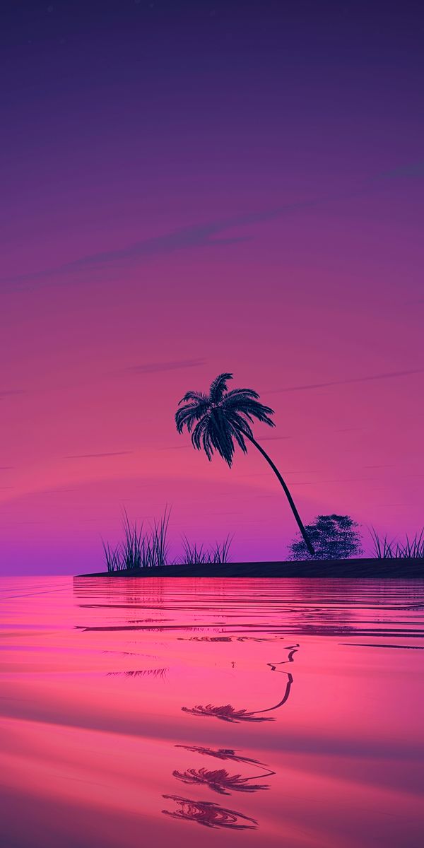 Vibrant Sunset Landscape Featuring Palm Tree and Water