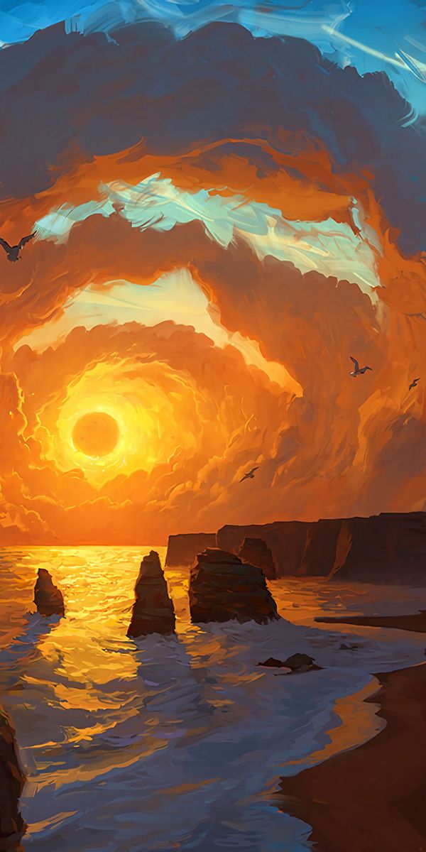 Breathtaking Sunset Over the Sea with Dramatic Clouds and Rocks