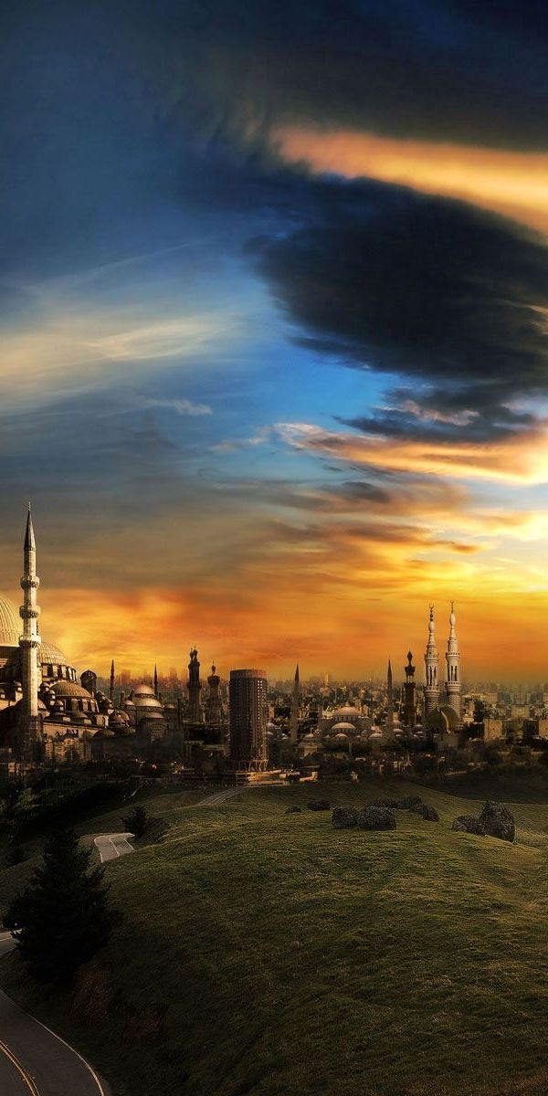 Breathtaking Sunset Scene Featuring a Mosque in a City