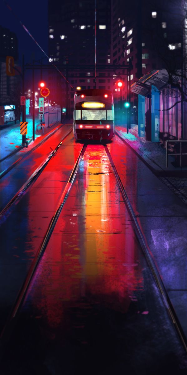 Aesthetic Night Train on Railway with Vibrant Colors