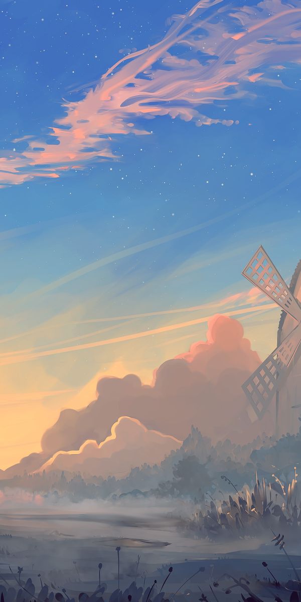 Beautiful Dawn Landscape Featuring a Girl and a Windmill