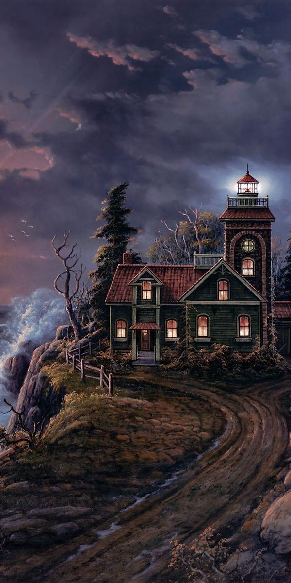 Dramatic Lighthouse Landscape at Sunset with Stormy Seas