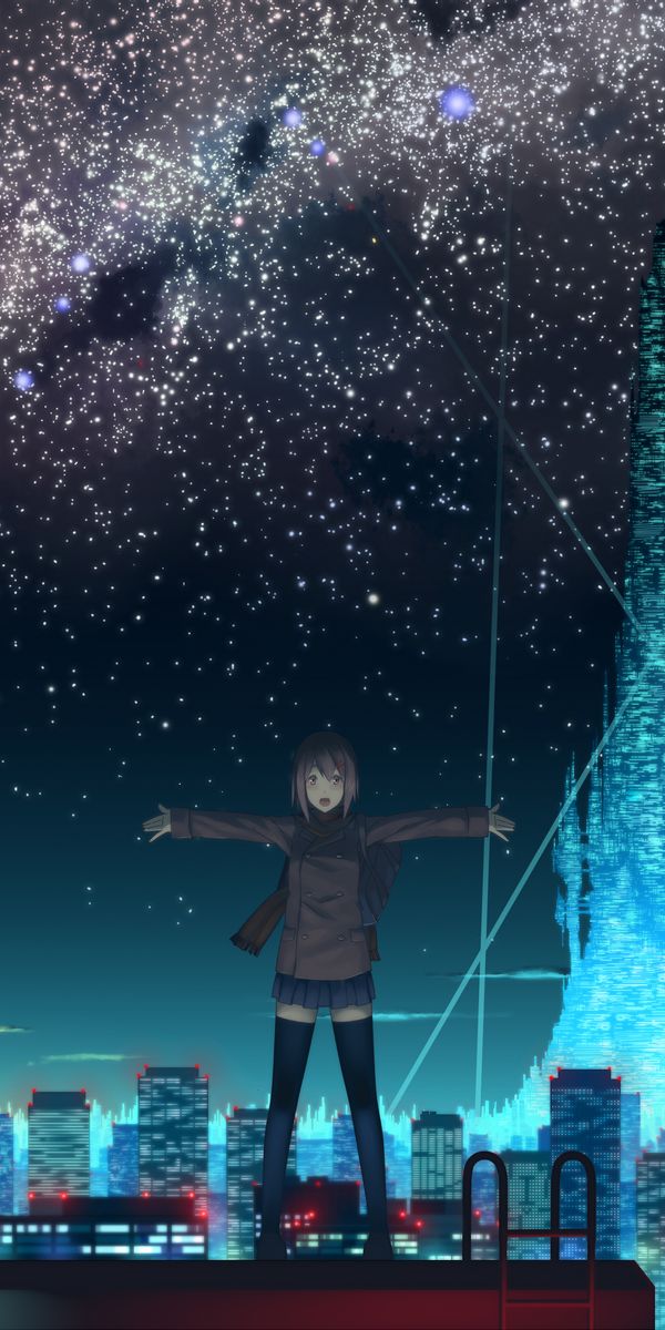 Phone wallpaper: Night, Stars, City, Anime free download