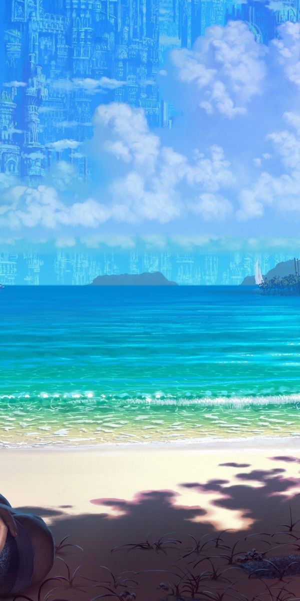 Enchanting HD phone wallpaper featuring an anime girl, beach, and boat