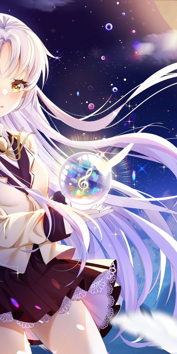 Phone wallpaper: Anime, Sky, Night, Skirt, Yellow Eyes, Long Hair, Angel Beats!, White Hair, Kanade