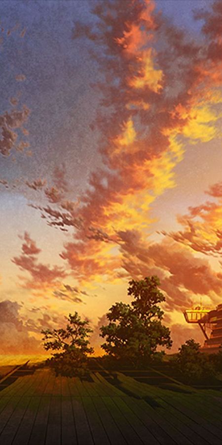 Phone wallpaper: Anime, Sunset, Sky, Tree, Cloud, Countryside, Original free download