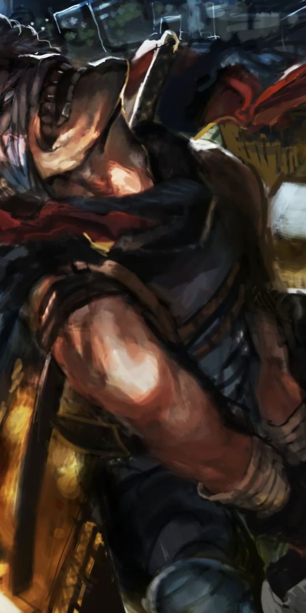 Phone wallpaper: Anime, Night, Moon, Weapon, Smile, Sword, Knife, Scarf, Headband, Katana, Black Hai