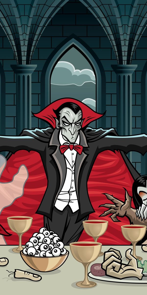 Vampire Feast Phone Wallpaper: Dracula's Halloween Banquet with Pumpkins