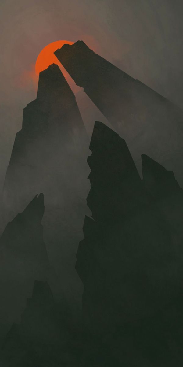 Gloomy foggy rocks with a striking sun - 4K mobile wallpaper