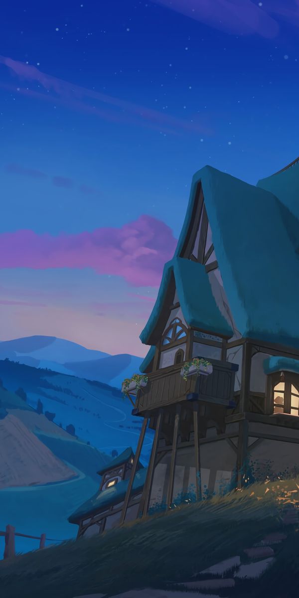 Enchanting Night Scene of a House Amidst Mountains and Rivers