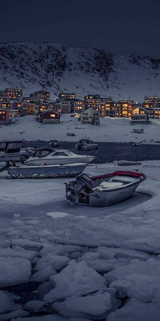 Phone wallpaper: Winter, Ice, Night, Snow, Light, Village, Boat, Man Made free download