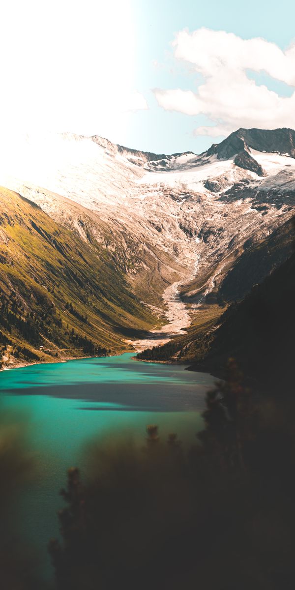 Phone wallpaper: Top, Snow, Slopes, Vertex, Lake, Mountains, Nature free download