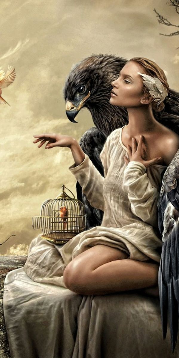 Gothic Woman Embraced by an Eagle - Dark Fantasy Wallpaper