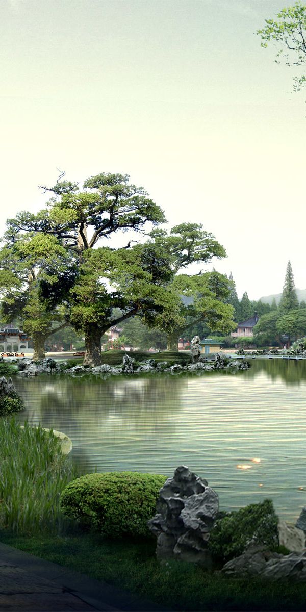 Tranquil Asian Landscape Featuring Lush Trees and a Serene Lake