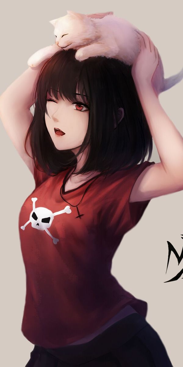 Stylish Anime Girl with Cat for Your Mobile Wallpaper