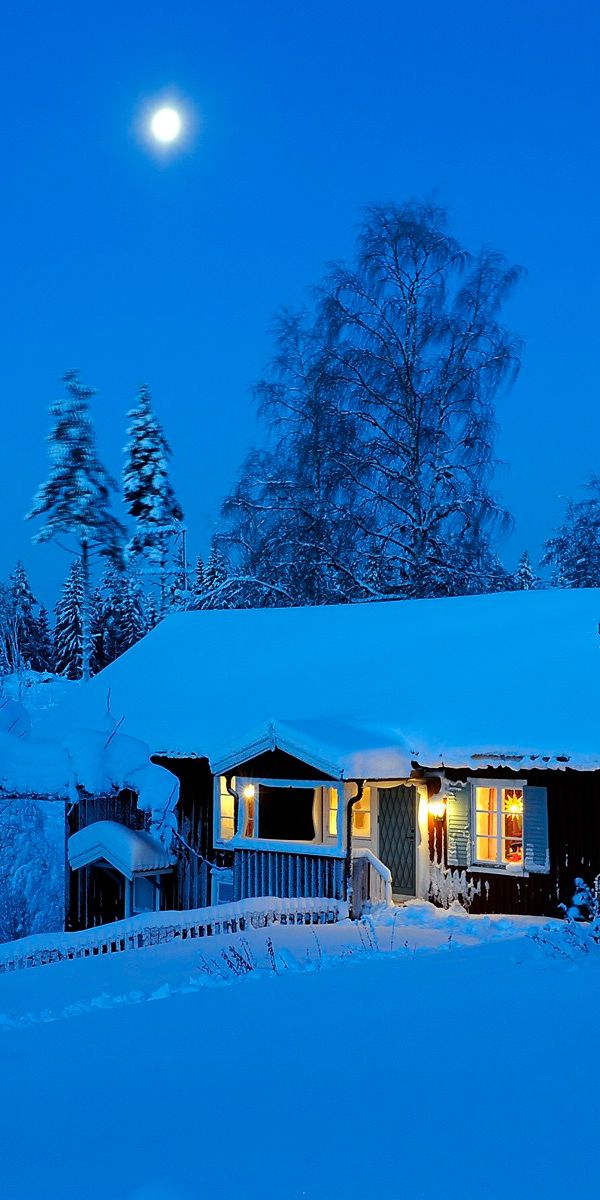 Moonlit Winter Cabin: A Tranquil Scene for Your Mobile Wallpaper