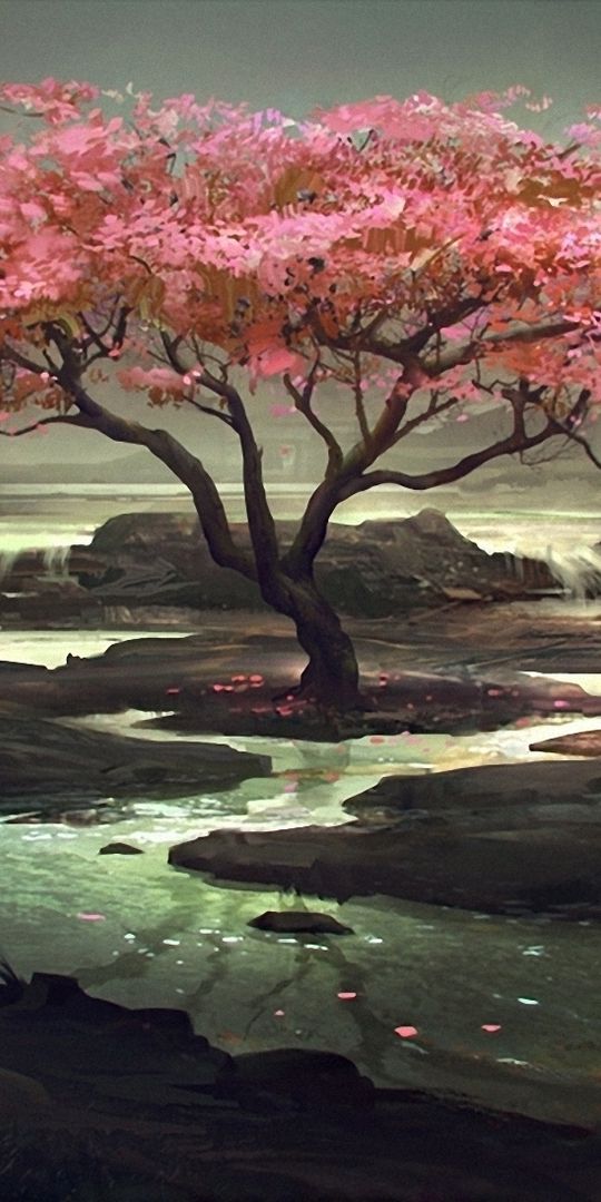 Serene Oriental Landscape: Artistic Lake and Blossoming Tree - HD Phone Wallpaper