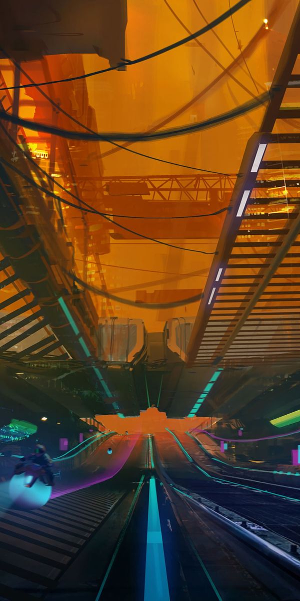 Phone wallpaper: Overpass, Trestle, Traffic, Movement, Cyberpunk, Art, Sci Fi free download