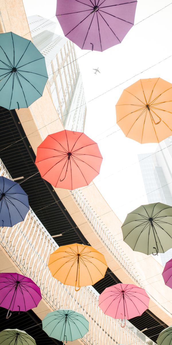 Colorful Umbrellas Hanging Above a Modern Building