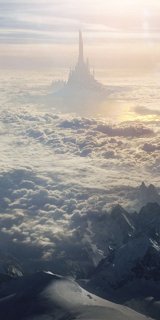 Breathtaking fantasy wallpaper with a castle, mountains, and ocean views