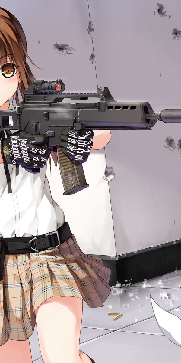 Dynamic Anime Girl with Rifle for Phone Wallpaper