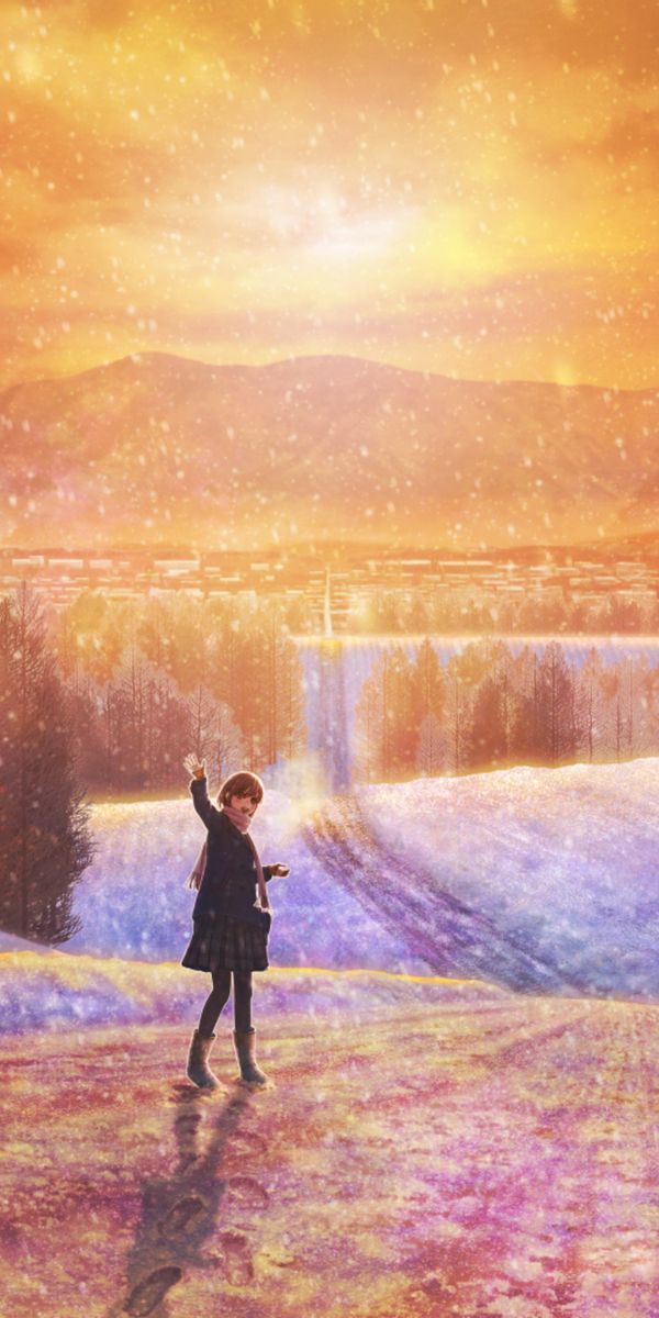 Phone wallpaper: Anime, Winter, Sunset free download