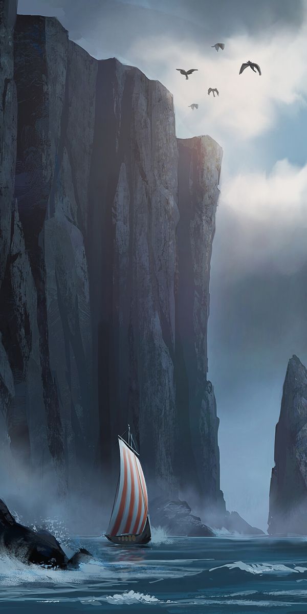 Aesthetic Sailboat Against Rugged Cliffs and Stormy Skies