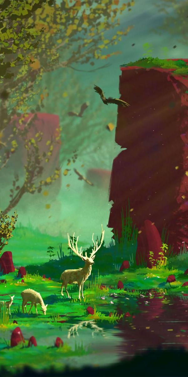 Enchanting Forest Landscape Featuring Majestic Deers and Rocks