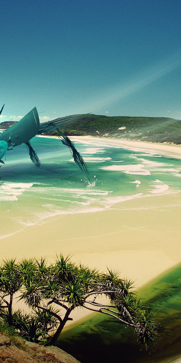 Phone wallpaper: Sky, Beach, Ocean, Tropics, Robot, Sci Fi, Cgi free download