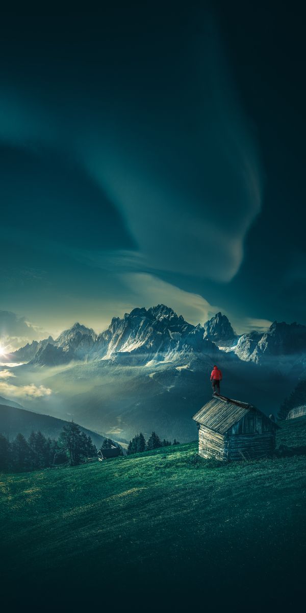 Breathtaking Night Mountain Landscape with a Person