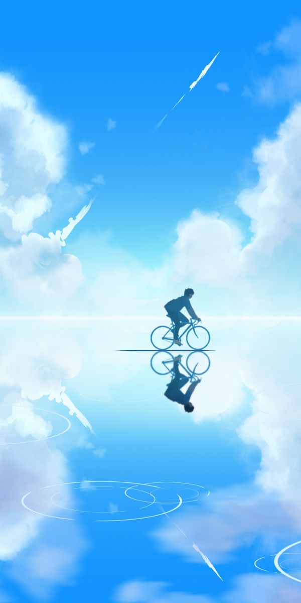 Beautiful Cyclist Riding Through a Reflective Sky and Clouds