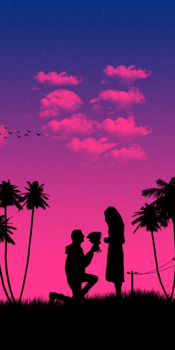 Romantic Night Silhouette of a Couple with Palm Trees
