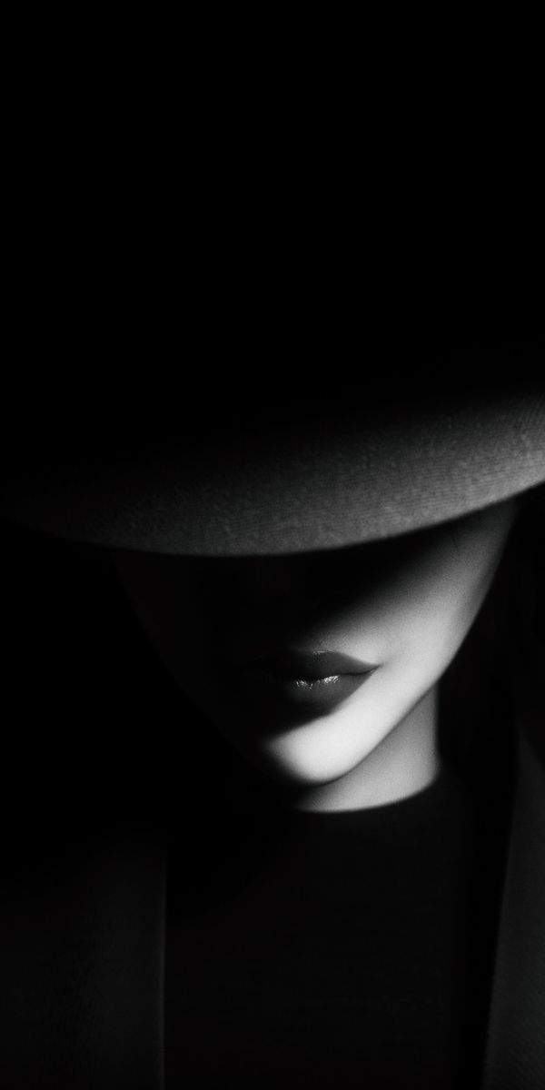 Mysterious Girl in Hat - Minimalist Black and White Wallpaper