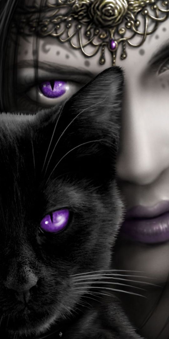 Gothic Witch with Purple Eyes and Cat
