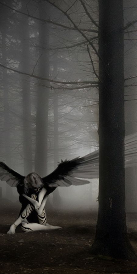 Gothic Angel with Wings in Dark Forest