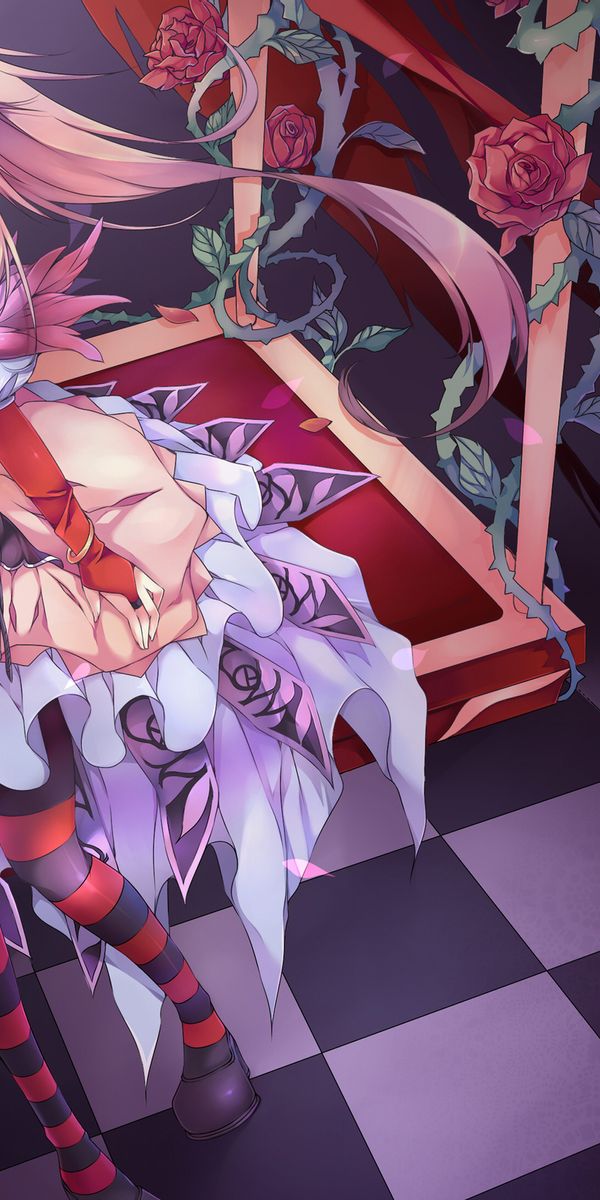 Phone wallpaper: Thorns, Swing, Girl, Dress, Horns, Glove, Red Eyes, Anime free download