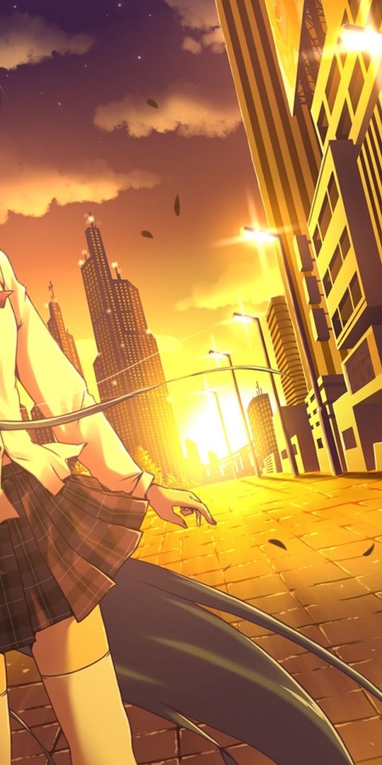 Anime Wallpaper of Hatsune Miku in School Uniform Against a Sunset Cityscape