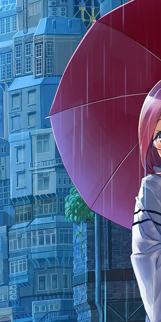 Phone wallpaper: Anime, Rain, Girl, Umbrella, Glasses, Purple Hair free download