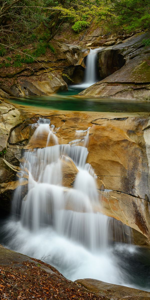 Phone wallpaper: Waterfall, Stream, Trees, Rocks, Flow, Nature, Spray free download