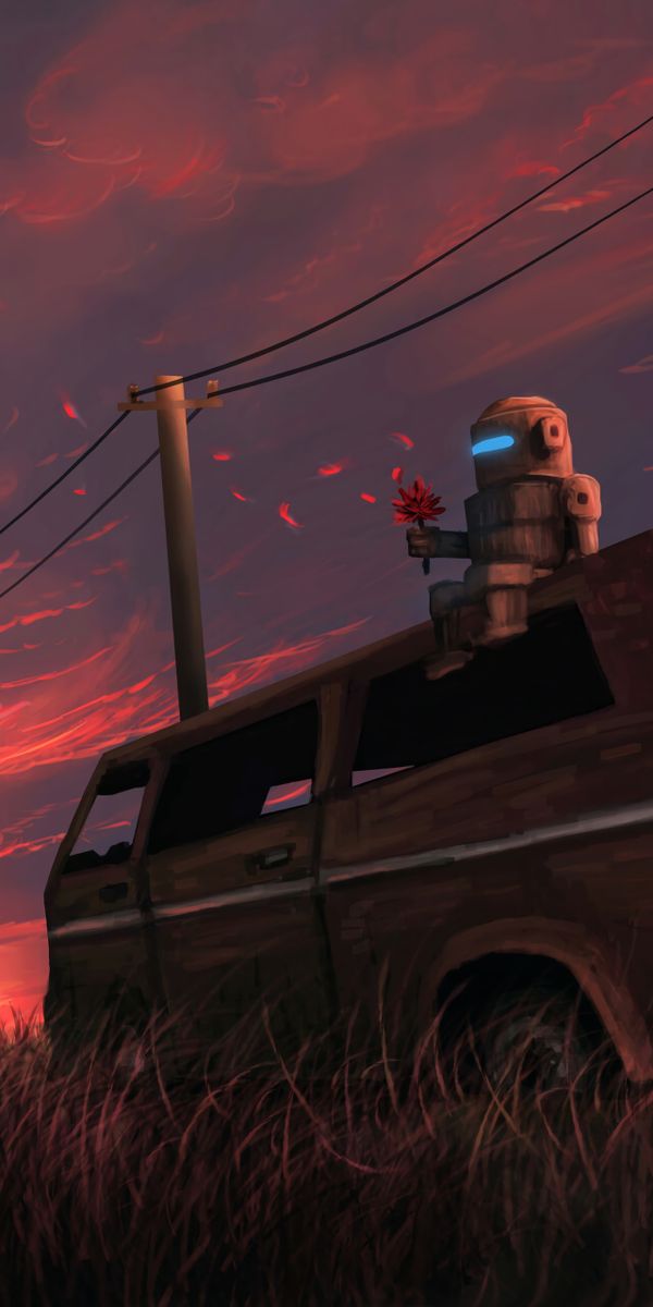 Robot on Van in a Beautiful Sunset Landscape