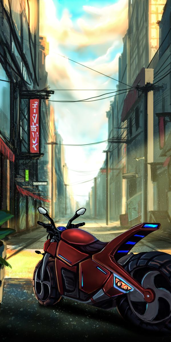 Phone wallpaper: City, Street, Motorcycle, Art, Bike free download