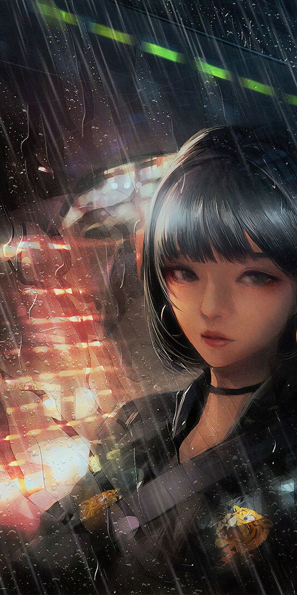 Cyberpunk Girl in a Taxi on a Rainy Night