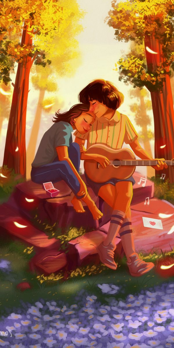 Romantic Embrace of a Couple with a Guitar in Nature