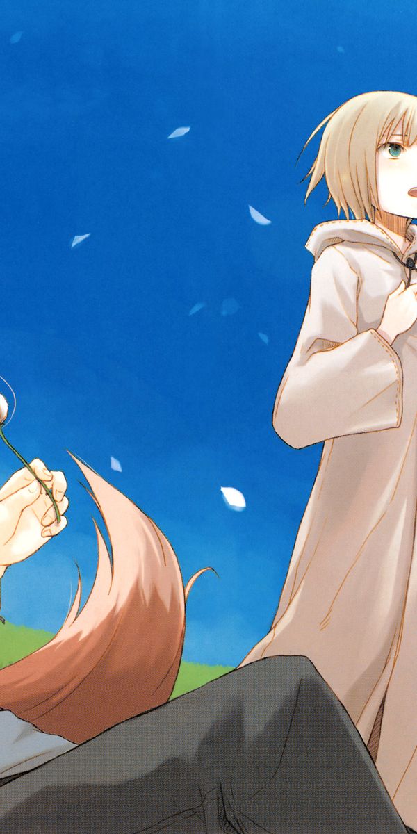 Phone wallpaper: Anime, Nature, Grass, Sky, Flower, Smile, Blonde, Tail, Scarf, Belt, Long Hair, Bro